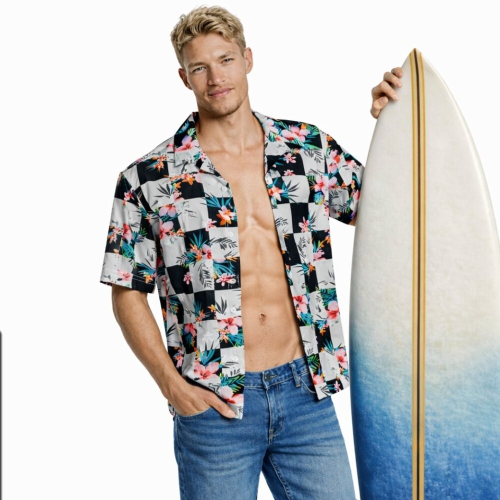 Men's "No Boundaries" XL (46-48) Tropical Shirt, NWT, black, gray, peach, aqua